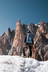 Mountaineer through the glacier in the Mont Blanc massif in the french Alps.