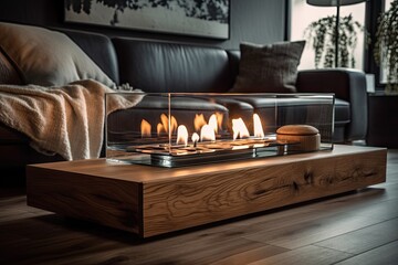 Bio ethanol fireplace on living room wooden table. Fall house decor. Generative AI - obrazy, fototapety, plakaty