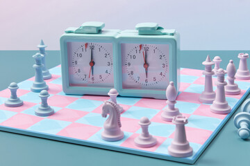 Chess set in pastel blue and pink colors.