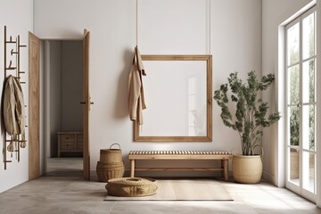 home interior in foyer with wooden bench, plant, bucket, hook, hanger, floor lamp, cloth, empty frame on white wall, carpet, and curtain in farm house style. Generative AI