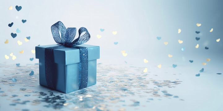 Blue gift box, present for holiday with blue hearts, father's day, birthday. Image created with AI