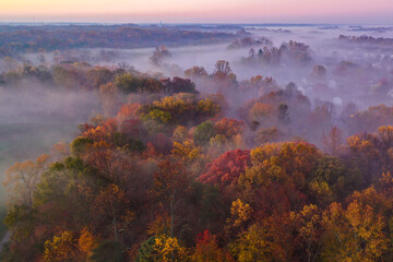 Fototapeta na wymiar Foggy Sunrise with fall colors