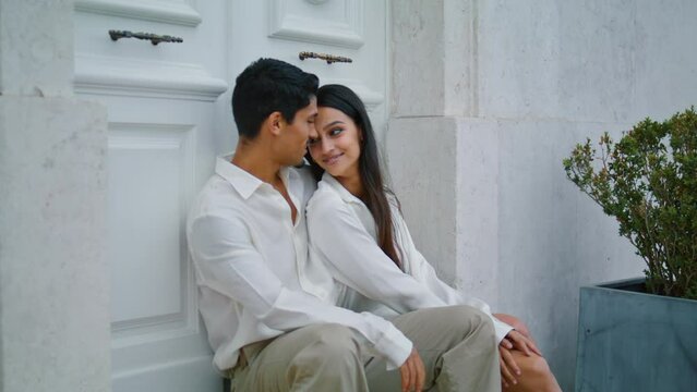 Romantic couple relax together town. Lovely guy girl dating at twilight street