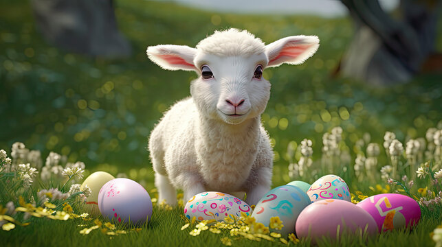 Osterlamm auf einer Wiese mit Ostereiern (Generative AI)