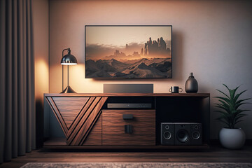 TV on wood cabinet with decor, lamp, plant in a trendy vase in modern living room with sunlight of sunset