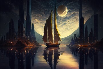 Summer Nights and Surreal Cityscapes: A Dreamlike Landscape Painting Featuring Boats, Waves, and the Magic of Harry Potter, Generative AI - obrazy, fototapety, plakaty