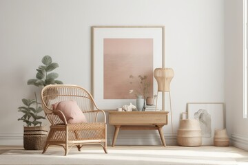 Mockup frame with interior backdrop, soft pastel room with rattan furniture, coastal style,. Generative AI