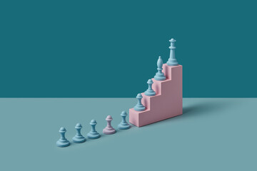Pastel-colored chess pieces on paper stairs.