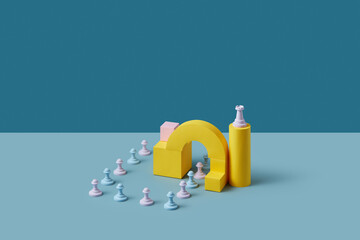 Chess pieces and paper geometric components.