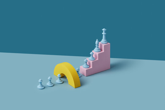 Blue chess pieces placed on pink paper stairs.