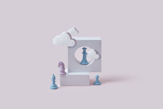 Chess figures, paper clouds and concrete props.