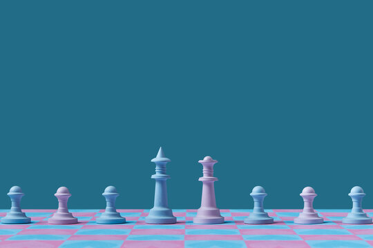 Blue and pink chess figures on chessboard.