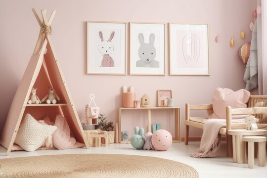 Mock up poster in pastel room with natural wicker and wooden toys,. Generative AI