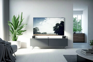 TV on black cabinet with decor, plant in a trendy vase, in modern living room with sunlight of sunrise