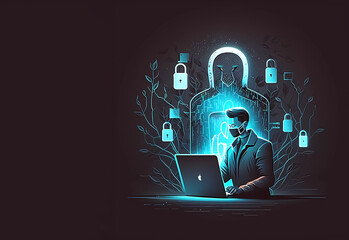 A man is sitting at a laptop. Internet security. Binary code and security lock. Banner. AI generated