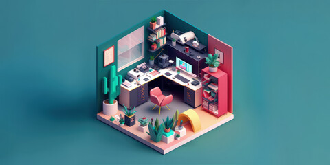 graphic designer office, isometric diorama