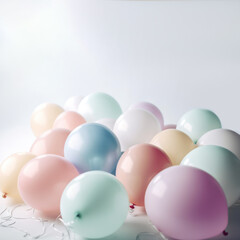 Fototapeta premium Pastel colorful balloons in white room background. Party and celebration. Generative ai.