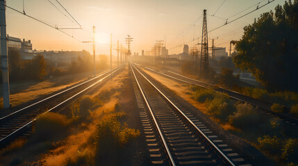Fototapeta na wymiar railway at sunset generative art