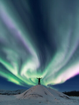 Girl on the background of the northern lights