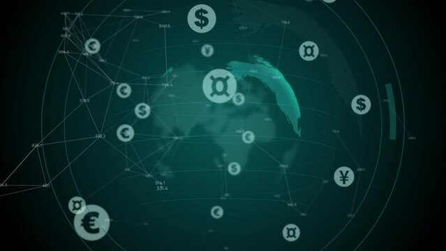 Business animation with currency symbols and planet earth. Looped green background with numbers and lines. Abstract screensaver on a financial theme.