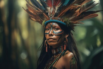 Indigenous Brazilian Young Woman, Portrait from Guarani Ethnicity Generative AI - obrazy, fototapety, plakaty
