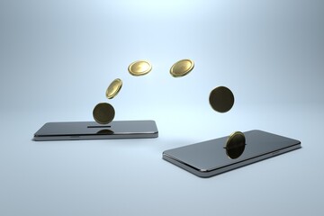 Abstract digital money transfer from 3d mobile phone to other.