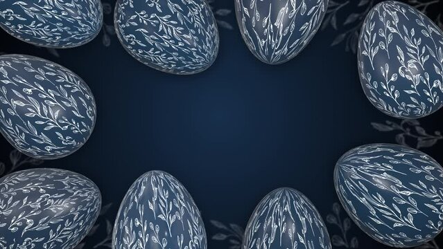 Easter blue eggs with painted patterns. Animated holiday spring background. Christian religious holiday of Easter. Empty copy space for text.