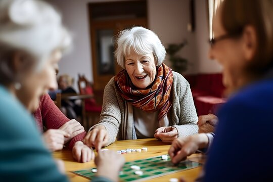 Group of senior women playing board games, leisure, socializing, friendship, fun, activity, togetherness, generative ai.