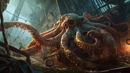 Obraz premium kraken coral reef in deep sea creatures generative ai