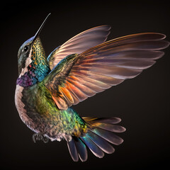 Colorful Hummingbird in Flight on Black Background . AI generated Illustration.