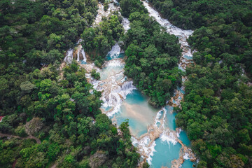 aerial view of waterfalls in a river in mexico. Cascada azul.