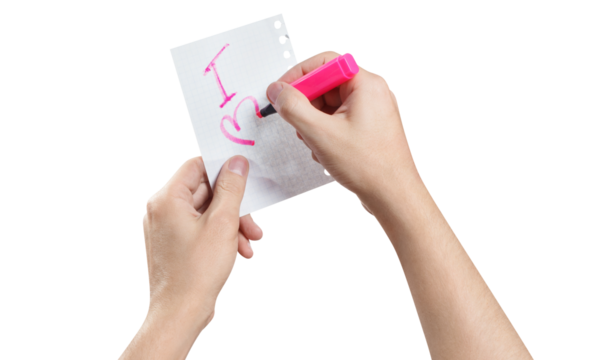 Hands writing a love note using a pink marker, cut out