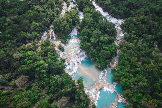 aerial view of waterfalls in a river in mexico. Cascada azul. 