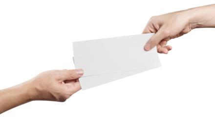 Hands sharing two blank sheets of paper (tickets, flyers, invitations, coupons, money, etc.), cut out