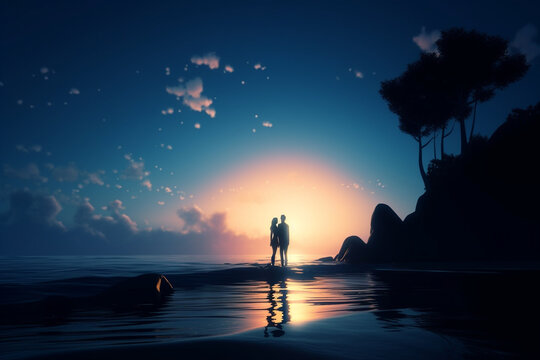 Lovers on the Beach at Sunset - AI Generated Image