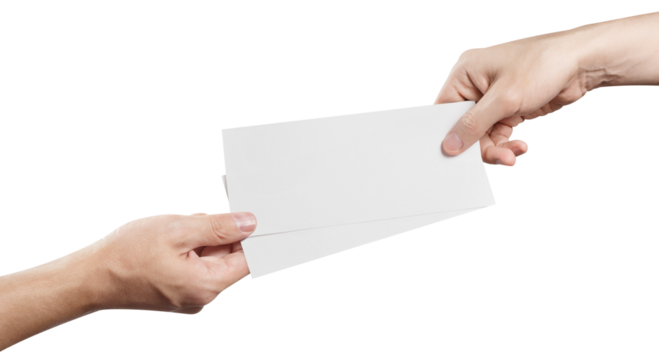 Hands sharing two blank sheets of paper (tickets, flyers, invitations, coupons, money, etc.), cut out