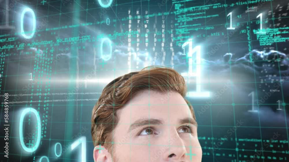Poster animation of binary coding and data processing over caucasian businessman