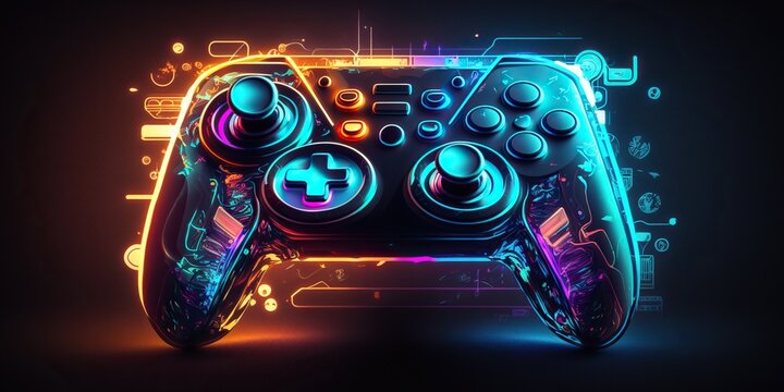 Video game controller with bright neon lights and futuristic design evoking sense of excitement and anticipation, created with Generative AI technology