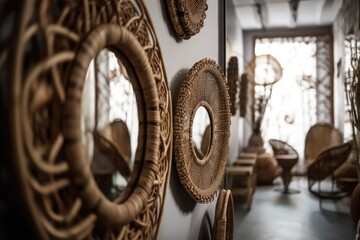 Obraz na płótnie Canvas Bohemian mirrors. White eco style room closeup. Generative AI