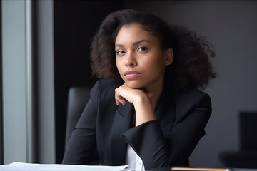 Mulher negra sentada na frente dela considerando trabalho, trabalho de escritório Mulher de negócios sentada pensando no conceito de trabalho - obrazy, fototapety, plakaty