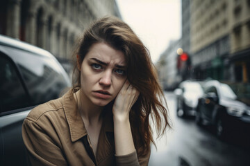 Fototapeta na wymiar The impact of street harassment on women's mental health - woman overwhelmed and distressed by street harassment, generative ai
