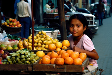 Young Girl Selling Fruits on the Street Corner in a Busy City, generative ai