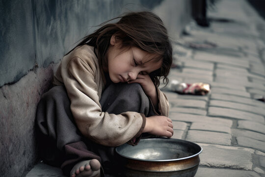 Young Child with an Empty Bowl Sleeping on the Pavement, generative ai