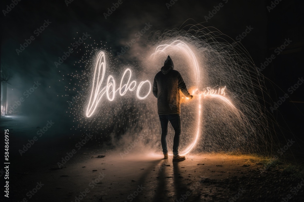 Fototapete a man standing in front of a light painting of a circle zoo long exposure photography typography gen