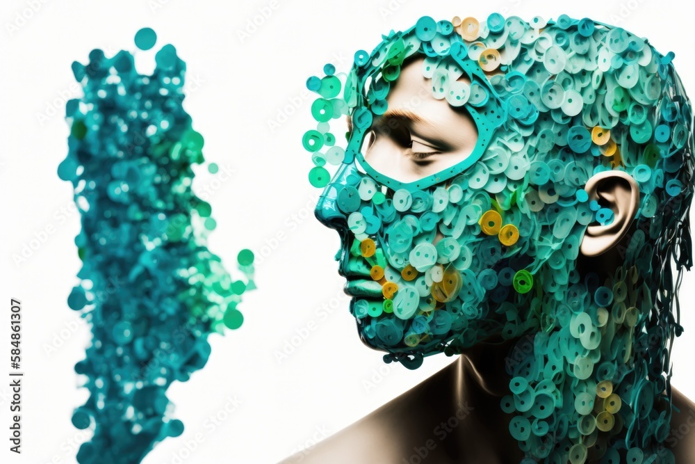 Poster a man with a strange face made of buttons and buttons on his face workshop found object art fashion 