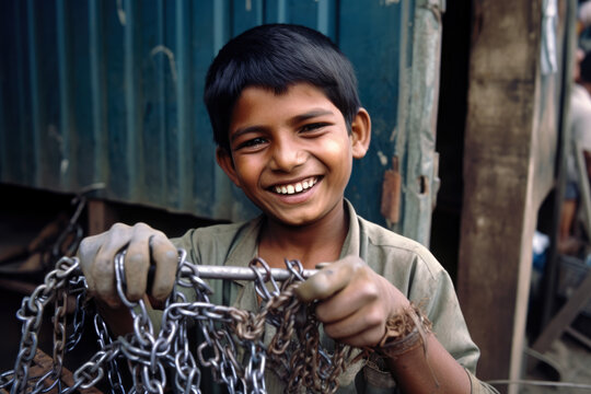 Breaking Chains Child Laborer Smiling as He is holding chains, generative ai