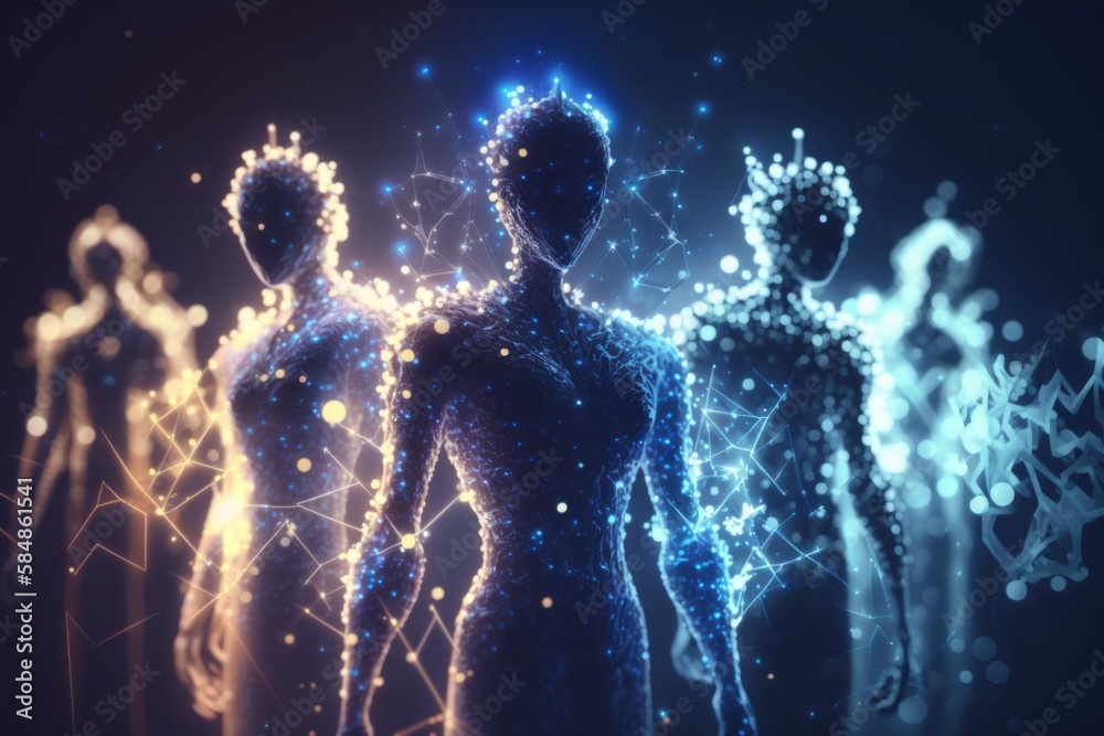 Poster a group of abstract figures with glowing lights in the background of a dark background nightclub ani