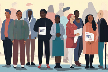 Celebrating Democracy Line of Diverse Voters Waiting Patiently to Cast Their Ballots in an Election, generative ai