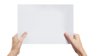Hands holding a sheet of white paper, cut out