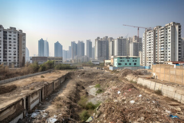 Obraz premium cityscape revealing the difference between affluent and deprived neighborhoods with towering skyscrapers and dilapidated housing blocks, generative ai